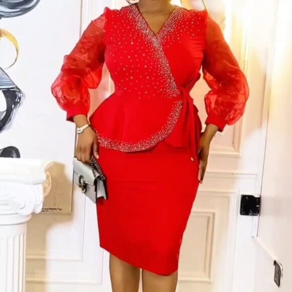 Elegant Red 2 Pc. V-Neck Stoned Skirt Set - Picture 1 of 7